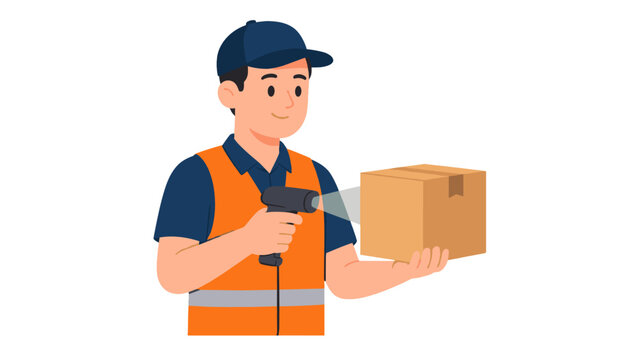 Delivery worker scanning a cardboard box with handheld barcode reader