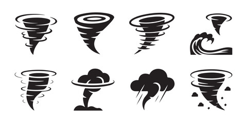 Natural disaster icons featuring tornado funnel clouds and oceanic wave storm surge illustrations.