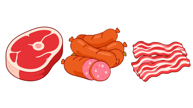 Steak sausages and bacon cartoon food vector set