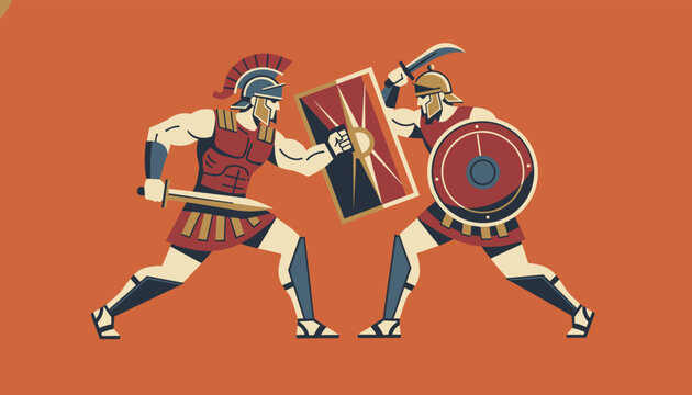 Two ancient Roman gladiators in combat armor fighting with swords and shields against a solid orange background.