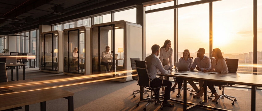 Diverse colleagues holding inclusive team meeting in accessible office. Concept of equitable corporate collaboration, inclusive meeting culture, accessible team communication.
