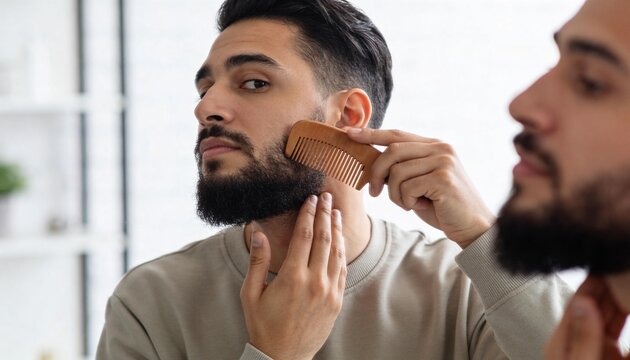 Young man grooming his beard with a wooden comb. Male reflection in mirror during morning routine. Beard care and personal hygiene concept