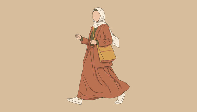 Fashionable young Muslim woman in elegant brown hijab and autumn coat walking isolated on beige background.