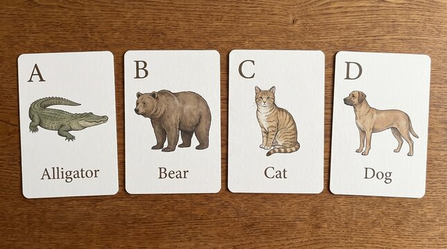 Four illustrated animal cards labeled with letters and names on light background
