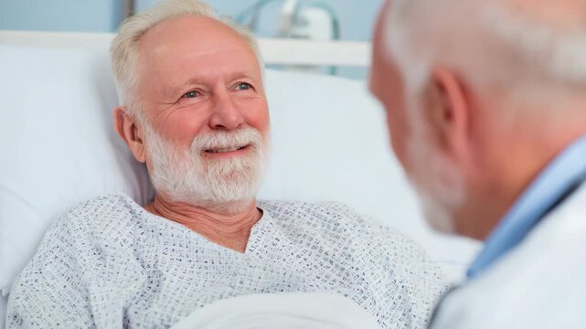 An elderly man in a hospital bed smiling and talking with a doctor or nurse.