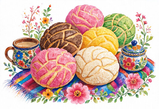 Traditional Mexican conchas sweet bread arrangement with colorful pan dulce, coffee mug and ceramic pot isolated on white background