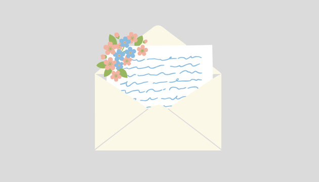 Open white envelope with a handwritten letter decorated with beautiful blue and pink spring flowers.