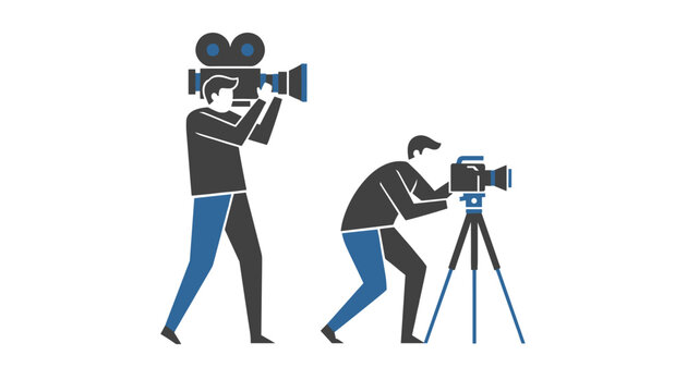 Two professional videographers filming with a handheld video camera and a heavy camera on a solid tripod.