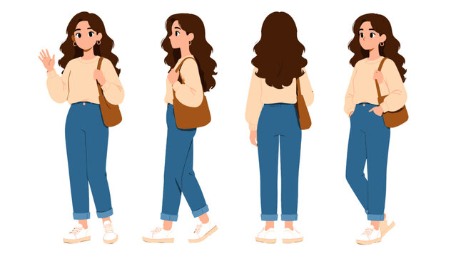 Young woman character turnaround set in casual outfit