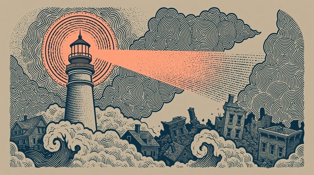Efficiency meets mystery in this surreal lighthouse illustration with swirling clouds and vintage line work