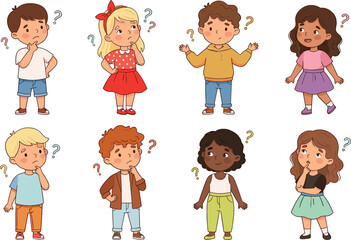 Set of cute diverse children thinking with question marks cartoon kids wondering choosing solving problems vector illustration isolated on white background