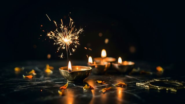 Festive diwali background with glowing oil lamps and sparkling firework effect featuring ample copy space for text