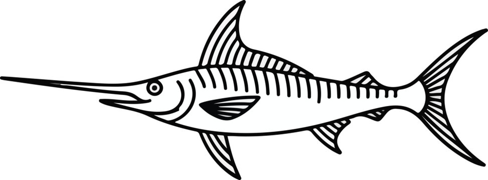 Swordfish vector graphic illustration featuring a bold black and white outline design suitable for minimalist logos and creative maritime projects