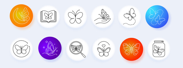 Butterfly set icon. Insect silhouette, flying wings, magnifier observation, decorative jar, nature biology, flutter motion, garden species, entomology collection, spring wildlife, elegant pattern © Anastasia