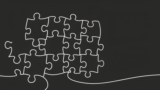 Puzzle pieces assembling into a connected whole during a clear graphic progression against a dark backdrop