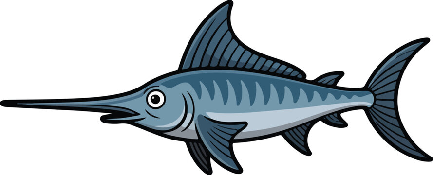 Blue marlin swordfish vector illustration featuring detailed clean lines and bold flat colors designed for various professional graphic art projects