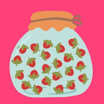 Vector illustration of wide round glass jar filled with fresh strawberries, sweet strawberry jam or compote with rustic cloth top.