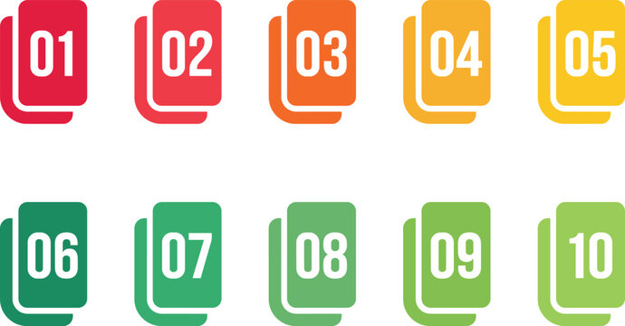 Colorful Numbered Card Icon Set from 01 to 10 with Rounded Rectangle Labels for Steps, Checklists, Infographics, Workflow, and User Interface Design