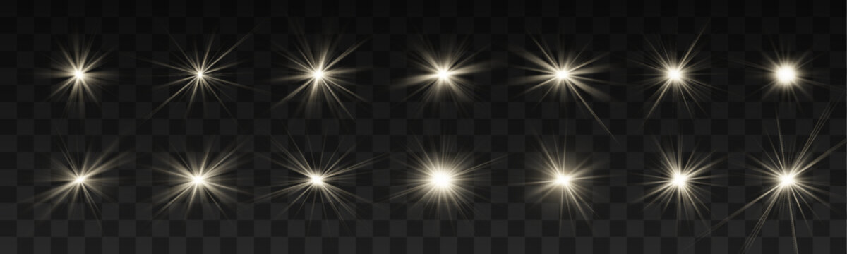 Set of warm golden sparkle effects with glowing flares, shining stars and bright beams. Decorative light collection for festive illustrations. Vector design.