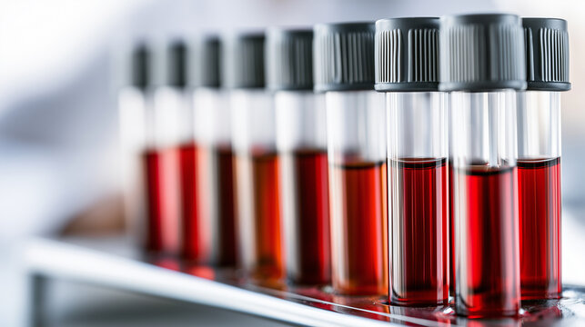 Close up row of glass test tubes containing dark red blood liquid samples lined up on a laboratory tray.