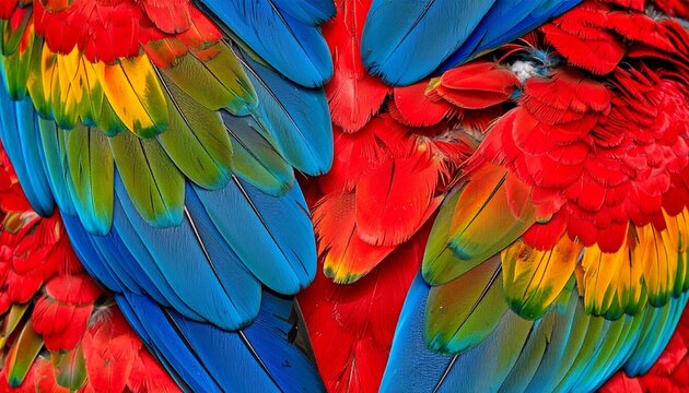 Vibrant tropical parrot feather texture with vivid red, blue, and green plumage patterns
