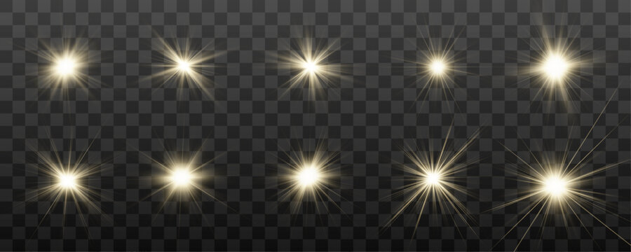 Set of realistic golden lens flares, bright sparkles and glowing star effects. Premium light elements isolated on transparent background. Vector illustration.