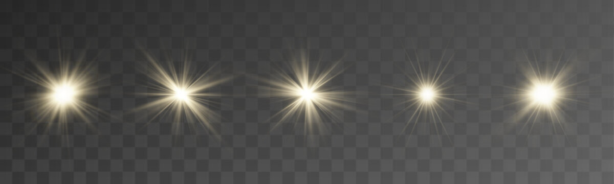 Set of magical golden glow elements with stars, flashes and radiant light beams. Festive sparkle collection isolated on transparent background. Vector illustration.
