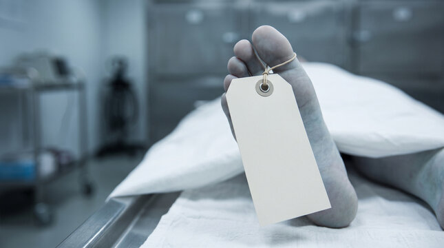 Close up of a corpse foot with a blank toe tag lying covered on a metal table in a morgue.