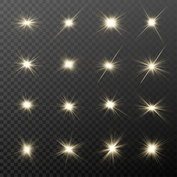 Bright sun flare collection with golden beams and shining star effects. Realistic glowing light elements isolated. Vector design for decoration.