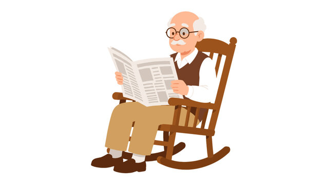 Elderly man reading a newspaper while sitting in a rocking chair