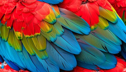 Fototapeta premium Vibrant Red and Blue Macaw Feather Texture, Macro Detail of Colorful Bird Plumage