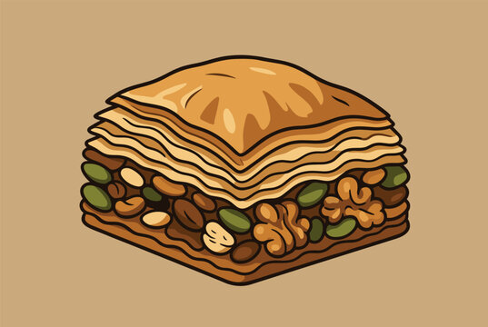 Mouthwatering Turkish baklava pastry dessert with multiple flaky layers and pistachio nuts on warm tan background.