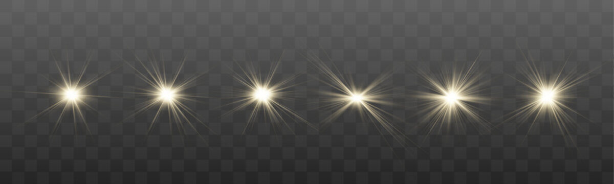 Set of bright gold flashes, lens flare effects and shining particles. Decorative light elements collection for celebrations and creative projects. Vector illustration.