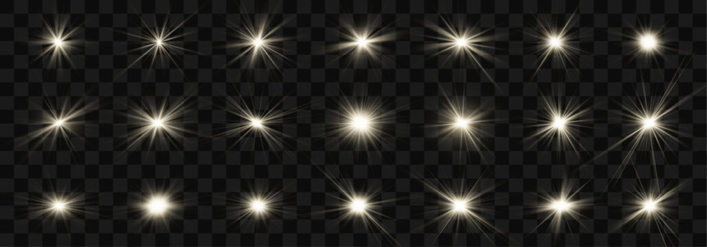 Set of golden sparkle effects with bright starbursts, glowing flashes and light rays. Collection of festive shine elements isolated on transparent background. Vector illustration.