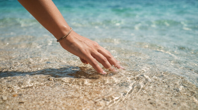 Woman touching clear crystal water on a tropical beach.
