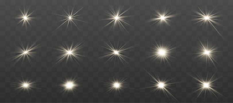 Bright radiant sparkle creates a vivid glowing star set. Soft lens flare adds realistic lighting details. High quality vector effect on transparent background.
