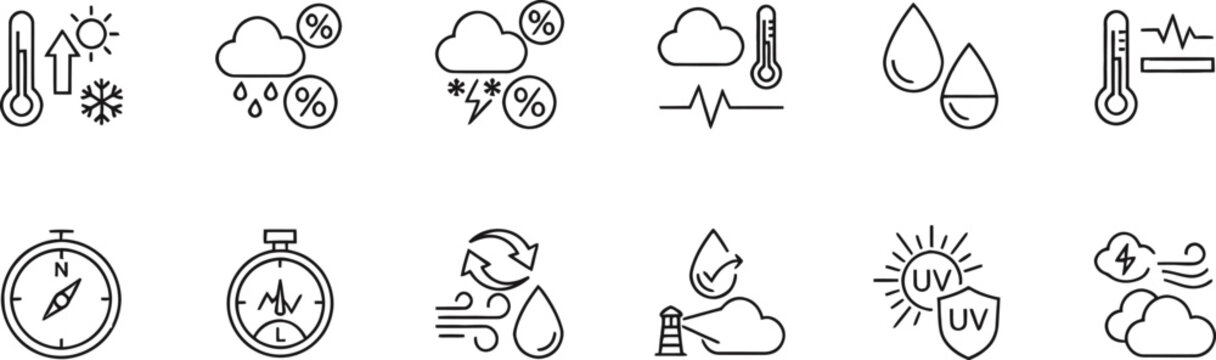 Set of hand drawn weather forecast icons featuring sun clouds rain snow and temperature symbols on white background