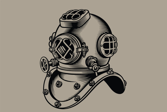 Vintage brass deep sea diving helmet with circular glass windows and metal screws in detailed engraving style.