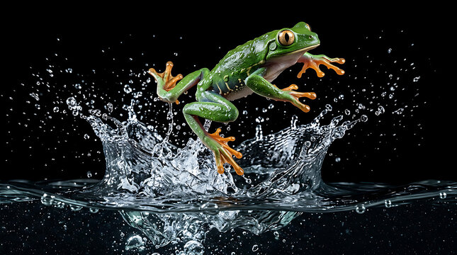Red Eyed Tree Frog Jumping Through Water Splash on Black Background