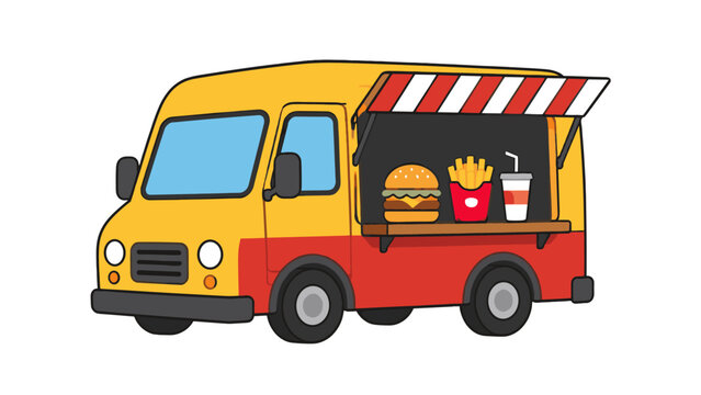 Cartoon fast food truck with burger fries and drink