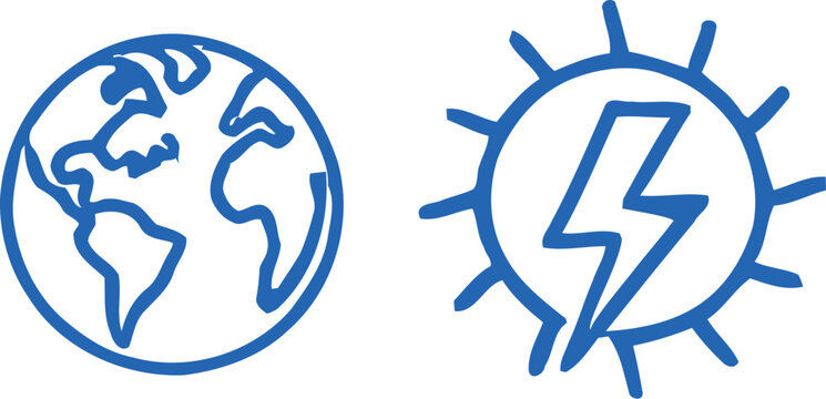 Hand drawn doodle icons of planet earth and a sun with a lightning bolt representing renewable energy