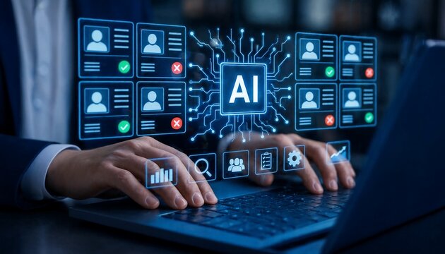 AI recruitment candidate screening automation on laptop with digital interface hiring system resume filtering artificial intelligence hr selection process talent acquisition decision making efficiency