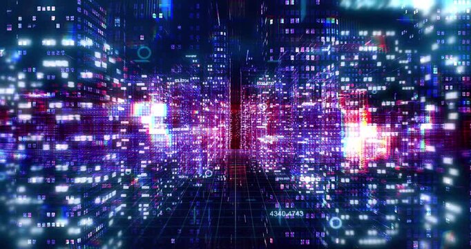Futuristic City Center with Artificial Intelligence Cyber Overlaying Skyscraper Buildings. Technology Related 3D Animation.