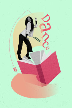 Sketch vertical photo collage of happy girl dance open book bookworm hobby entertainment student plot reader novel genre