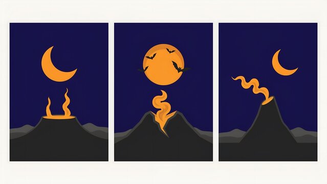 Spooky halloween poster set moon bats and mountain silhouette art
