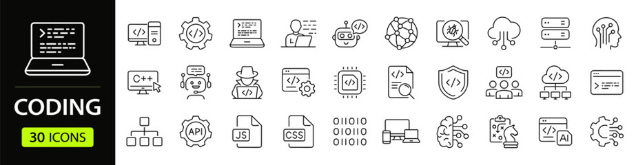 Fototapeta na wymiar Coding Web Icon Set in Linear Style. Collection of Programming line icon, including code, software development, programmer, coder, information technology, api, developer, app and more. Editable stroke