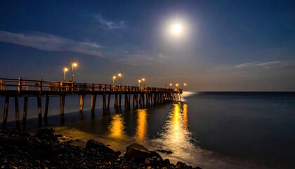 Obraz premium Coastal dock at night under full moonlight.