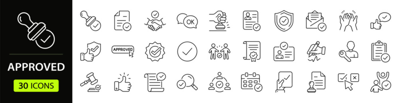 Approval Web Icon Set in Linear Style. Collection of Approved line icons, including except, thumbs up, approval, validation, agreement, check mark, ok, agreement, stamp, certified. Editable stroke