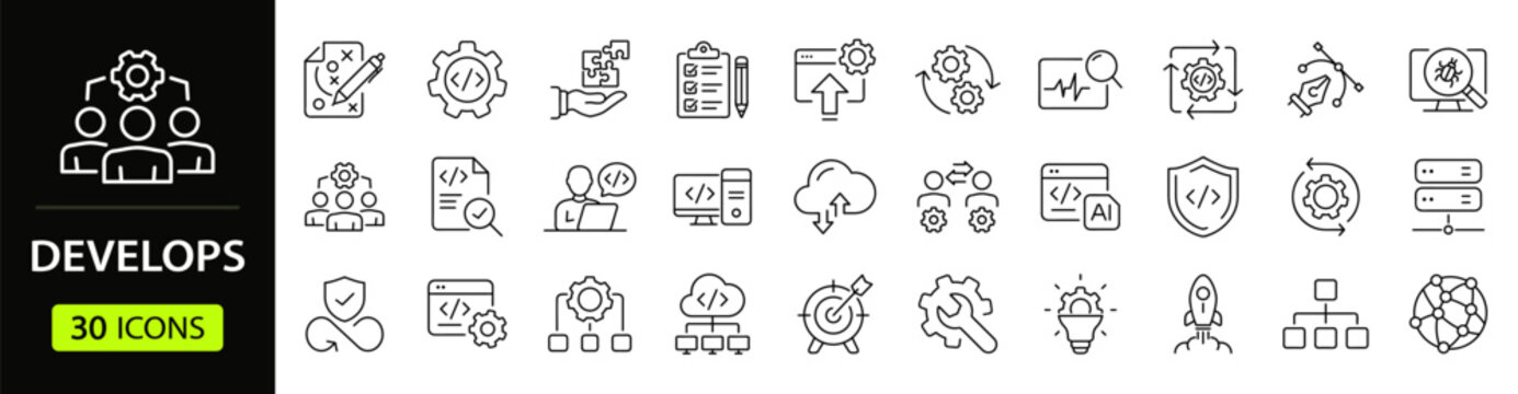 Development Web Icon Set in Linear Style. Collection of DevOps line icons, including growth, workflow testing, integration, startup, concept, idea, strategy, innovation, vision, marketing and more