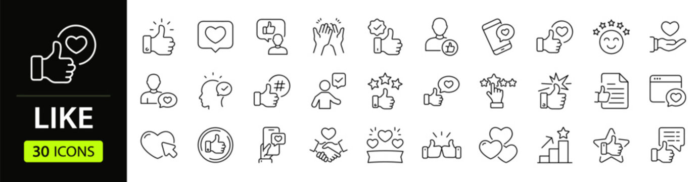 Like Web Icon Set in Linear Style. Collection of Thumb up line icons, including thumb up, like gesture, favorite, positive, liked, satisfaction, dislike, heart, social media, feedback, rating and more